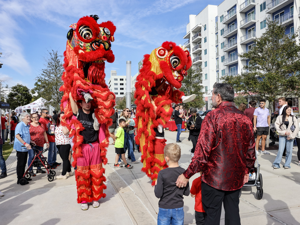 Two red lion dance costumes moving through the crowd at Celebrate Lunar as a child watches