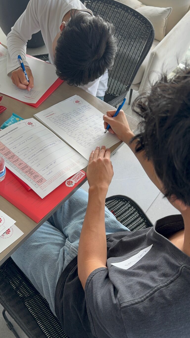 I Am From exercise worksheets spread across a table during the creative writing workshop