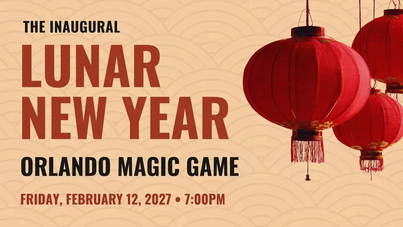 The Inaugural Lunar New Year Orlando Magic Game, Friday, February 12, 2027, 7:00 PM, with red paper lanterns